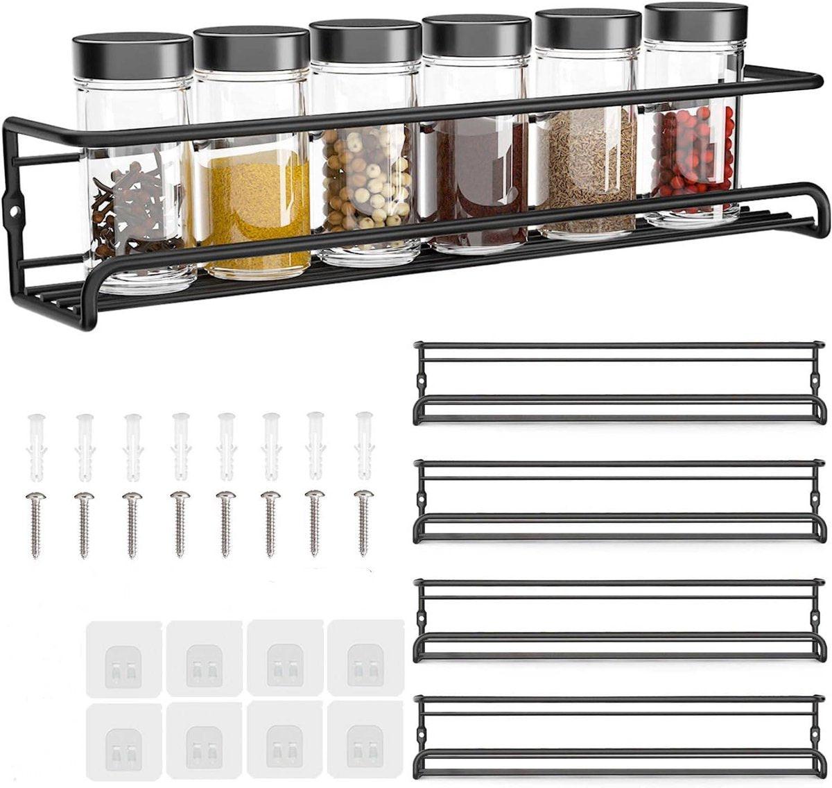 Four-Tier Metal Wall-Mounted Spice Rack - Suitable for Kitchens and Cabinet Interiors - Neatly Organizes Spice Jars and Spices (Black).