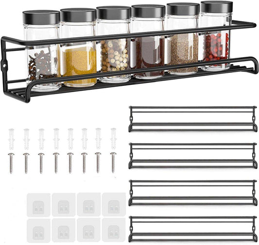 Four-Tier Metal Wall-Mounted Spice Rack - Suitable for Kitchens and Cabinet Interiors - Neatly Organizes Spice Jars and Spices (Black).