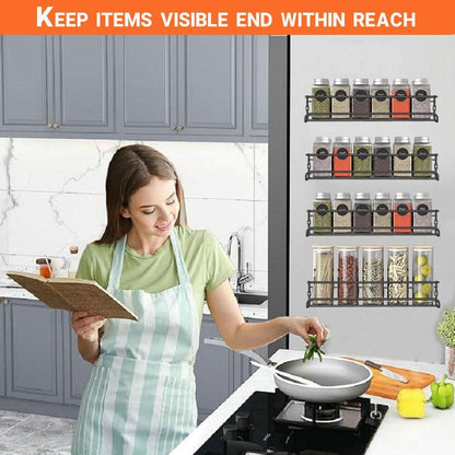 Four-Tier Metal Wall-Mounted Spice Rack - Suitable for Kitchens and Cabinet Interiors - Neatly Organizes Spice Jars and Spices (Black).