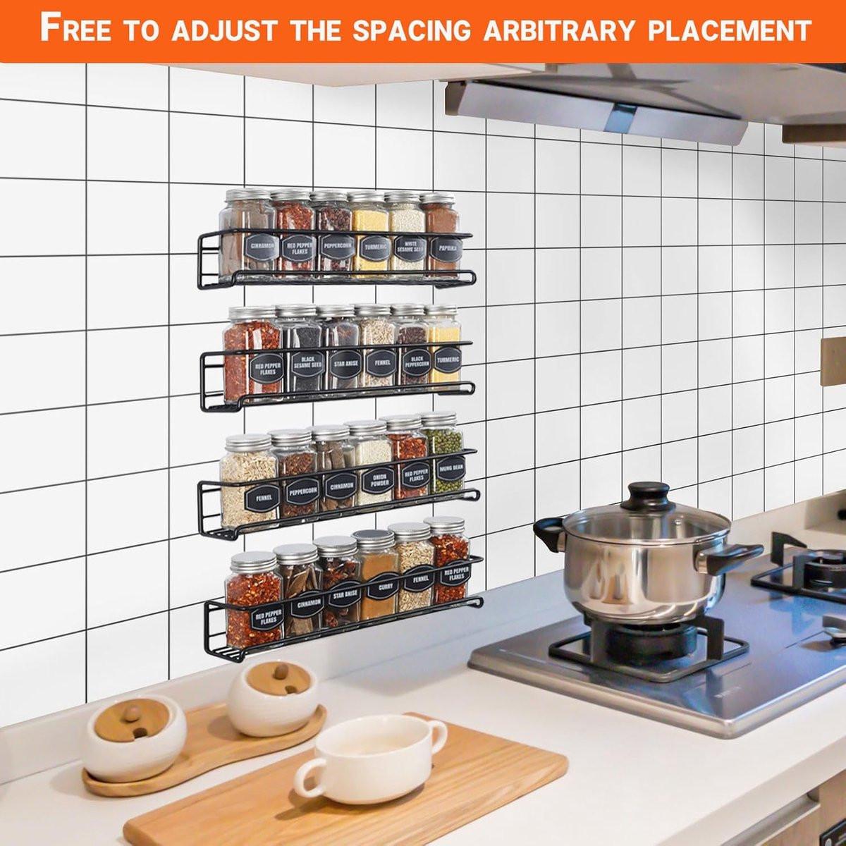 Four-Tier Metal Wall-Mounted Spice Rack - Suitable for Kitchens and Cabinet Interiors - Neatly Organizes Spice Jars and Spices (Black).