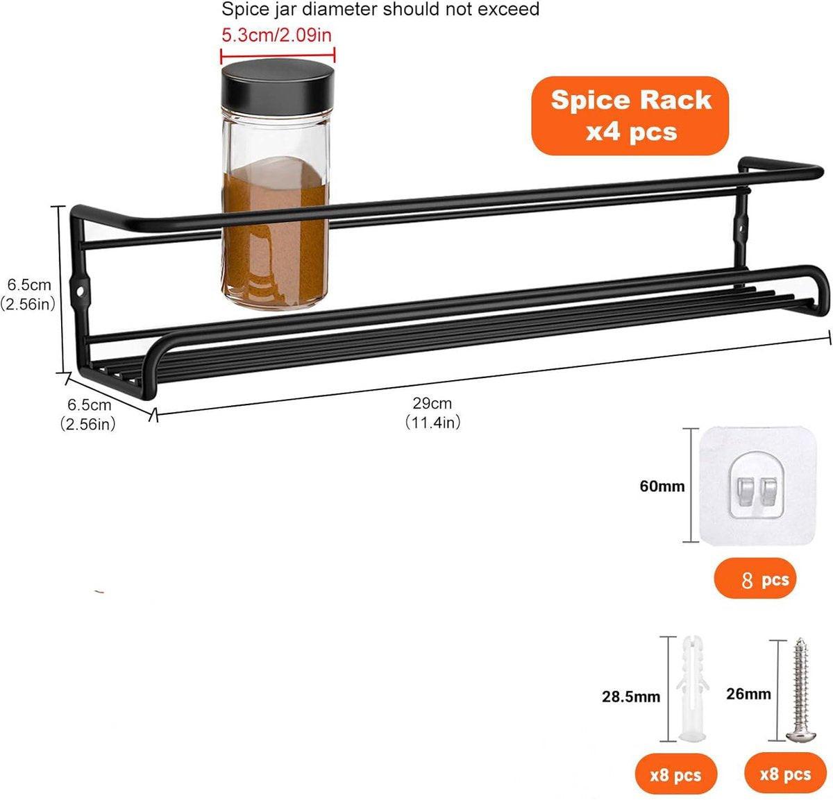 Four-Tier Metal Wall-Mounted Spice Rack - Suitable for Kitchens and Cabinet Interiors - Neatly Organizes Spice Jars and Spices (Black).