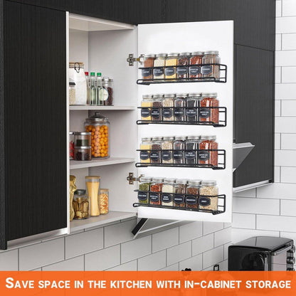 Four-Tier Metal Wall-Mounted Spice Rack - Suitable for Kitchens and Cabinet Interiors - Neatly Organizes Spice Jars and Spices (Black).