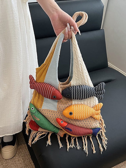 Shoulder Bag - Spacious Storage Bag - Versatile Knitted Bag - Tassel Shopping Bag - Perfect for Day Trips and Shopping - Red