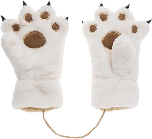 Gloves - 1 pair - Winter gloves - Cartoon gloves - Neckband - Children's gloves - Warm gloves - Plush gloves - One sizeï¼Whiteï¼.