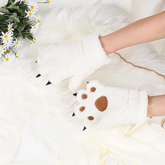 Gloves - 1 pair - Winter gloves - Cartoon gloves - Neckband - Children's gloves - Warm gloves - Plush gloves - One sizeï¼Whiteï¼.