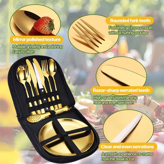2 Person Cutlery Set (10-piece) - Camping Set for 2 People - Spoons, Knives, Forks, Steak Knives - 10 Pieces Stainless Steel Cutlery - Including Carrying Bag - For Picnic & Travel - Gold