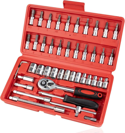 46-Piece Wrench & Ratchet Set - 1/4 Inch Metric for Cars - Compact Storage Case.