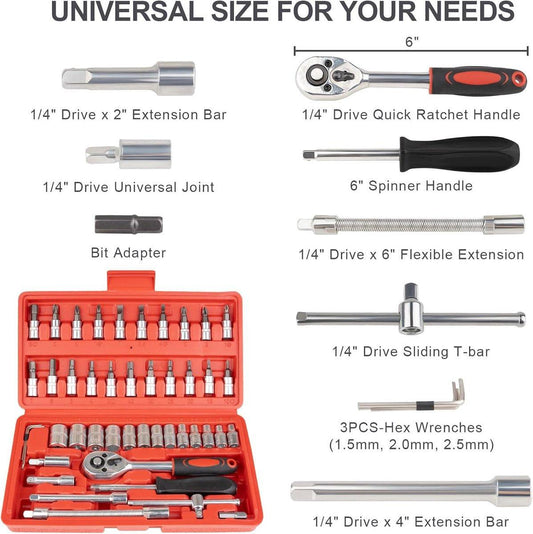 46-Piece Wrench & Ratchet Set - 1/4 Inch Metric for Cars - Compact Storage Case.