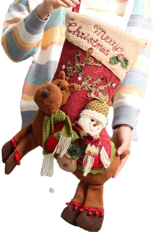 Gift Bags - 23 Inch Christmas Stockings - Santa and Reindeer Pattern - Extra Soft Plush Cuff - Classic Christmas Stocking Decoration - Perfect for Family Holiday Decor（B）
