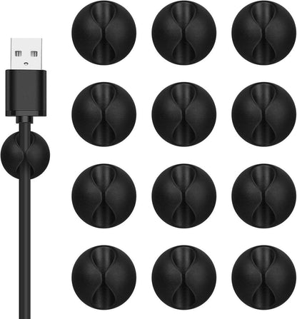 Pack of 12 Cable Clips - Black, Self-Adhesive Cable Organizer - Charger Holder - Cable Organizer - Suitable for bedside tables, desks, offices and for storing mice..