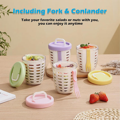 Fruit Bowl - Salad Bowl - Leakproof reusable food container with lid and draining basket - Suitable for work, school, and travel. - 650 ml (Yellow)