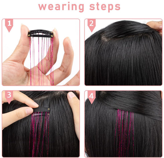 Hair Tinsels - Festival Hair Extensions - Glitter Hair Extensions - 12-Piece Clip-On Hair Accessory Set - 52cm Long Glitter Hair Extensions, for Christmas and New Year, Glitter Hair Extensions, Suitable for Women, Girls and Children (Black)