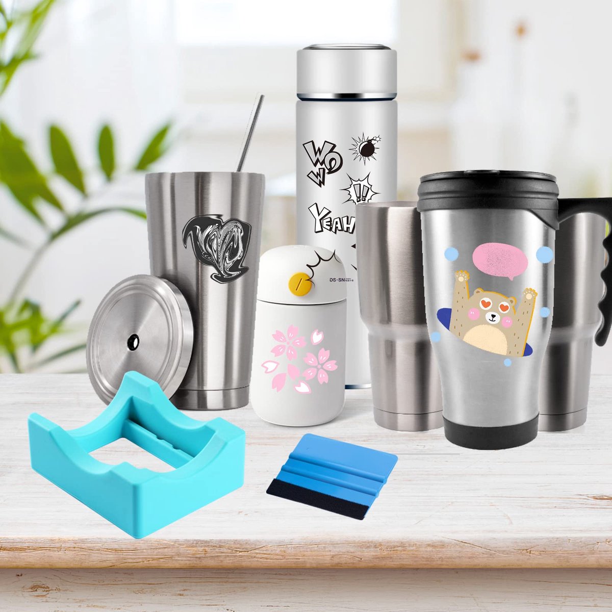 Vinyl Sticker Applicator for Cups - Silicone Cup Holder with Felt Edge Scraper - Silicone Cup Holder - Insulated Mug Holder - Non-Slip Glass Cup Holder - One-Handed Sticking for Mugs & Bottles - DIY Accessory - Vegetable