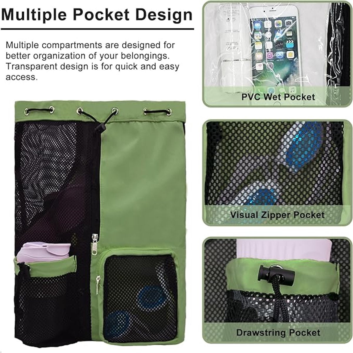 Backpack - Sports Bag - Travel Bag - Training Bag - Swimming Bag - 30*15*45cm - Mesh Material - Drawstring Design - Side Storage Space - Unisex - Suitable for fitness, swimming, traveling, dancing, camping（Vegetable）