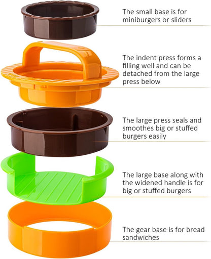 3-in-1 Hamburger and Hamburger Press - Hamburger Mold - Non-stick, durable patty maker for stuffed burgers and sliders - Easy to clean - Orange