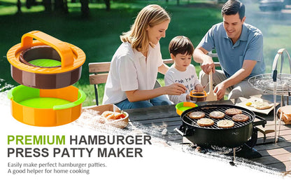 3-in-1 Hamburger and Hamburger Press - Hamburger Mold - Non-stick, durable patty maker for stuffed burgers and sliders - Easy to clean - Orange