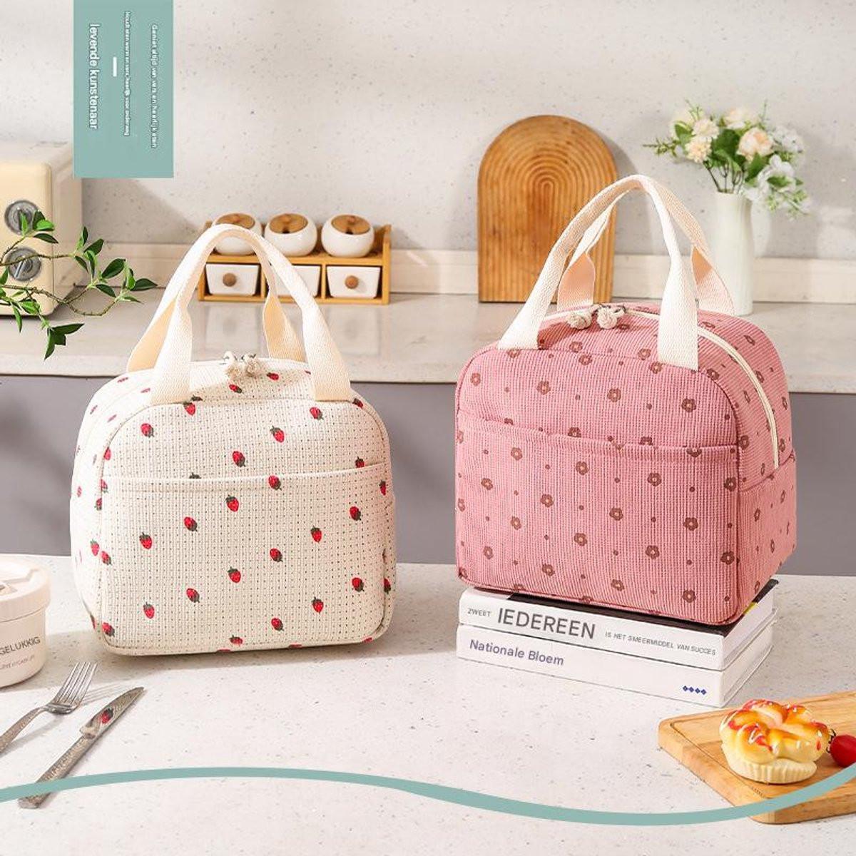 Lunch Bag - Corduroy - Lunch Box for Students/Office Workers - Insulated Bag - Waterproof - Portable Handle - Cute Lunch Bag - Beige.