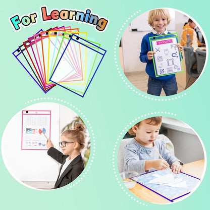 Erasable and Writable Folders - Pack of 20 | Includes 20 water-based whiteboard markers and 2 erasers - Transparent plastic folders/protective covers - Drawing and tracing bags for young children - Erasable and writable - Random colors