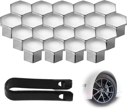 Universal wheel bolt covers (20 pieces) - 17 mm wheel bolt cover - wheel bolt cover - hexagon nut protector - with puller - suitable for all car brands (silver).