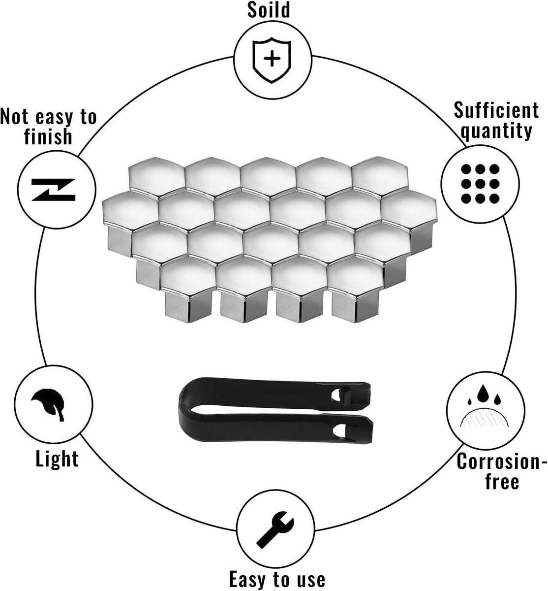Universal wheel bolt covers (20 pieces) - 17 mm wheel bolt cover - wheel bolt cover - hexagon nut protector - with puller - suitable for all car brands (silver).