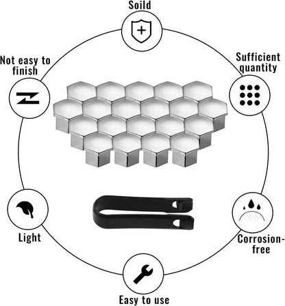 Universal wheel bolt covers (20 pieces) - 17 mm wheel bolt cover - wheel bolt cover - hexagon nut protector - with puller - suitable for all car brands (silver).