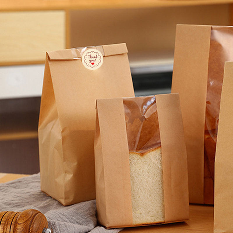 Bread Bag - Kraft paper with transparent window - 35*21*9 cm | Large baking bag - Suitable for storing bread, cookies, and snacks - Includes resealable tape