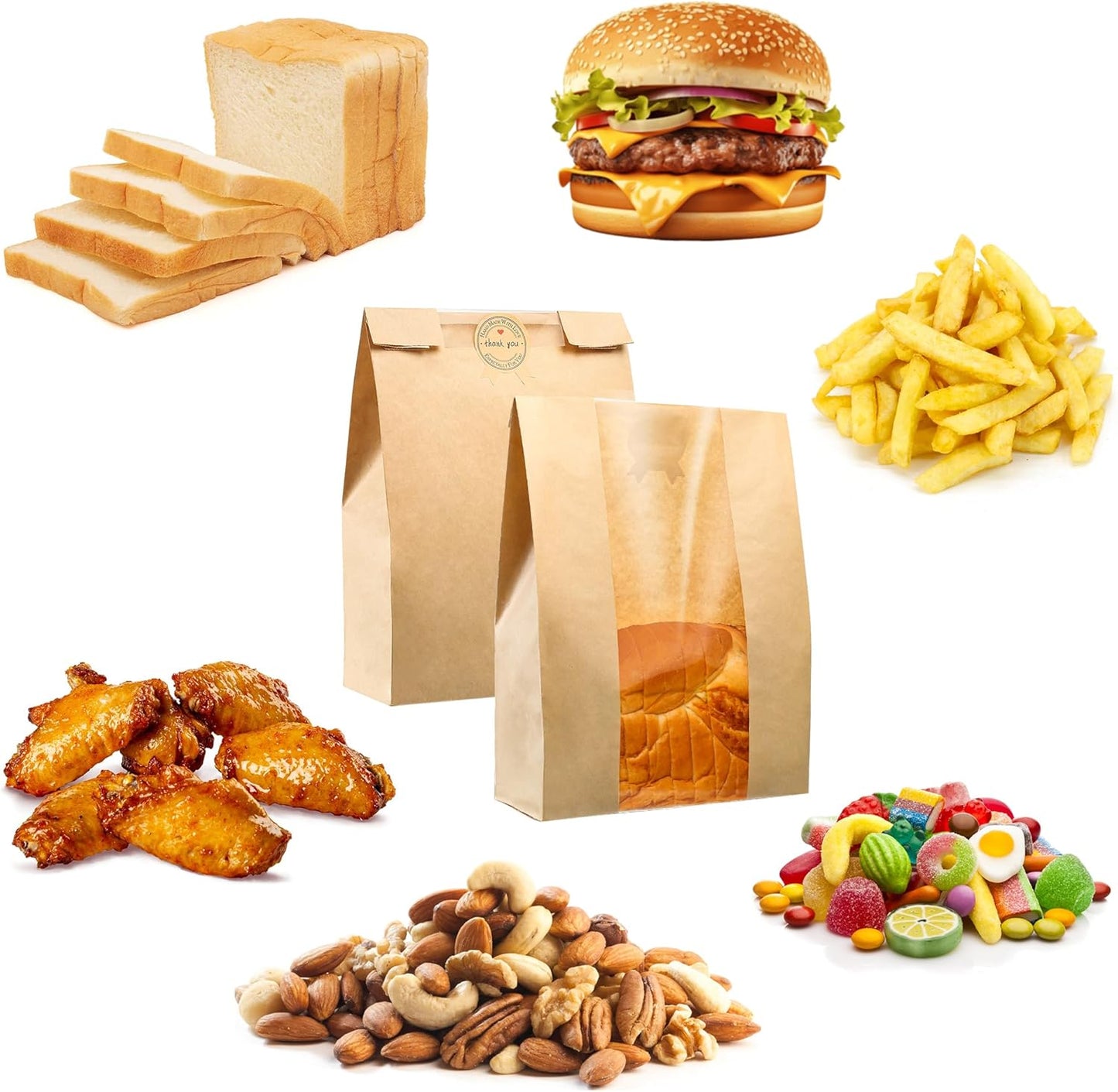 Bread Bag - Kraft paper with transparent window - 35*21*9 cm | Large baking bag - Suitable for storing bread, cookies, and snacks - Includes resealable tape