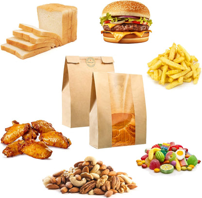 Bread Bag - Kraft paper with transparent window - 35*21*9 cm | Large baking bag - Suitable for storing bread, cookies, and snacks - Includes resealable tape