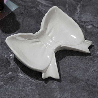 Bow Soap Dish - Ceramic Soap Organizer with Pink Bow - Bathroom Decor, Sponge Holder for Sink, Jewelry Storage Box, Bathroom Accessories for Countertop (White)