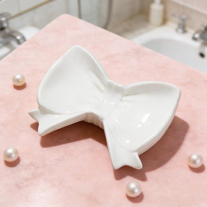 Bow Soap Dish - Ceramic Soap Organizer with Pink Bow - Bathroom Decor, Sponge Holder for Sink, Jewelry Storage Box, Bathroom Accessories for Countertop (White)