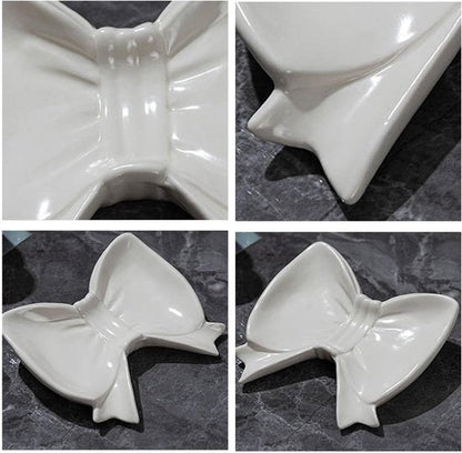 Bow Soap Dish - Ceramic Soap Organizer with Pink Bow - Bathroom Decor, Sponge Holder for Sink, Jewelry Storage Box, Bathroom Accessories for Countertop (White)