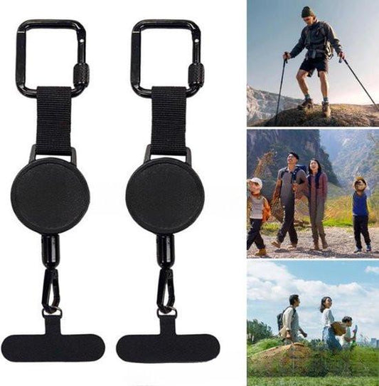 Extendable anti-theft phone buckle - 2-piece - Phone cord with carabiner - Suitable for travel and hiking - Phone accessories - Black.