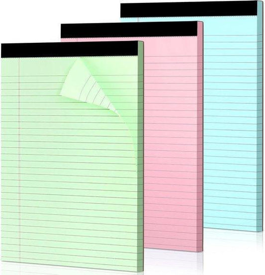 Coloured notepads, set of 3 writing pads 29.5 x 21.4 cm, with micro-perforation and sturdy back, broad lines, 50 sheets per pad, ideal for school, university, office and professional use (blue/pink/green).