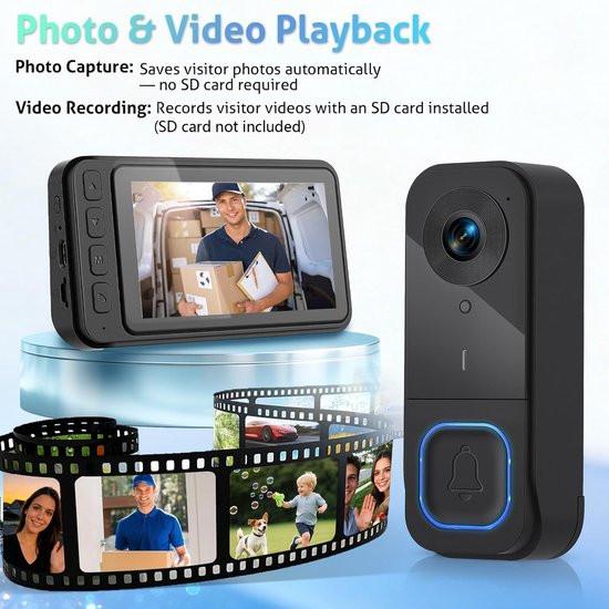 Wireless Doorbell with Camera - 1080P Image & 4.5 Inch Screen - No WiFi Required - Range Up to 120m - Night Vision.