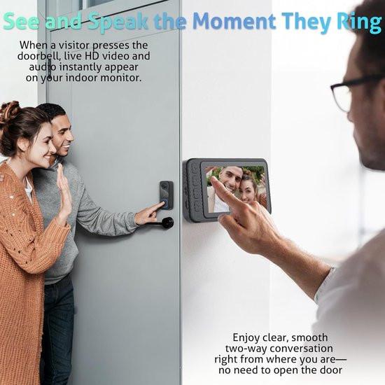 Wireless Doorbell with Camera - 1080P Image & 4.5 Inch Screen - No WiFi Required - Range Up to 120m - Night Vision.
