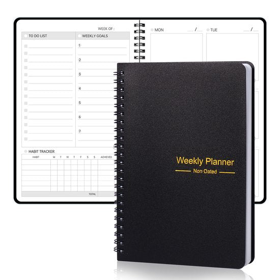 Weekly planner - Notebook for weekly to-do list - With goals and habit tracker - A5 format - Spiral binding - Unisex (Black, Type B)