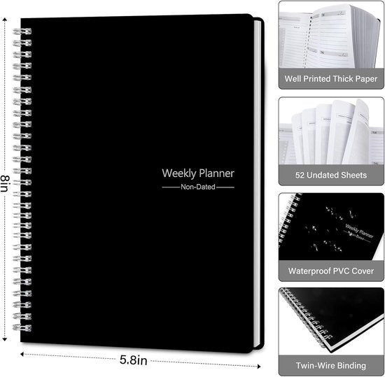 Weekly planner - Notebook for weekly to-do list - With goals and habit tracker - A5 format - Spiral binding - Unisex (Black, Type B)
