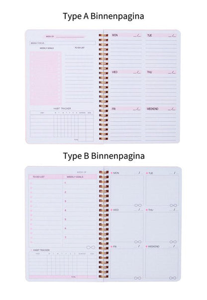 Weekly planner - Notebook for weekly to-do list - With goals and habit tracker - A5 format - Spiral binding - Unisex (Black, Type B)