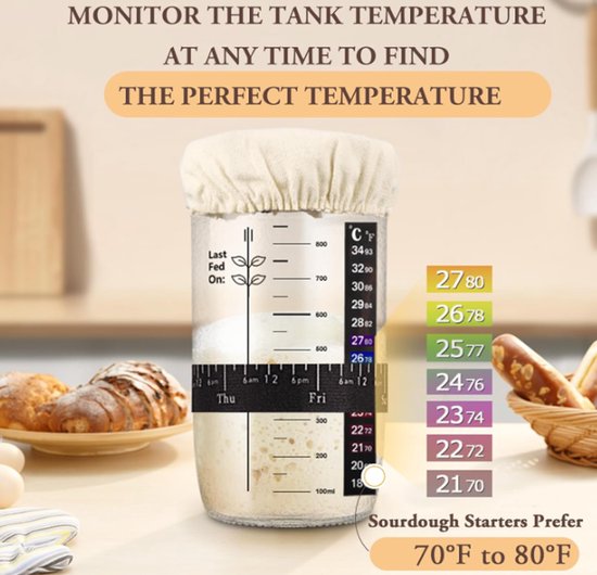 730ml Sourdough Fermentation Jar in a Glass Jar | Includes stirring spoon, measuring cup, and fabric cover - for dough, bread baking, and sourdough fermentation