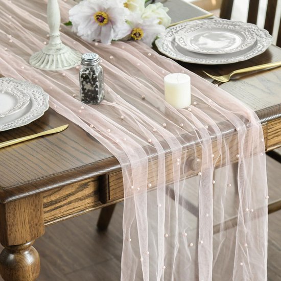 Pink Table Veil with White Pearls - Silky Gauze 30x120 Inches - For Weddings, Parties & Table Decorations