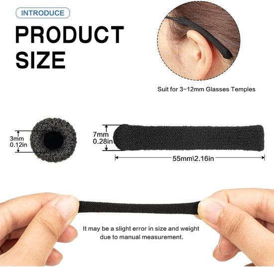 Ear cushions for glasses - Ear hooks for glasses - Soft knitted cotton - Temple protectors - Temple cushions - Anti-slip (2 pairs black)