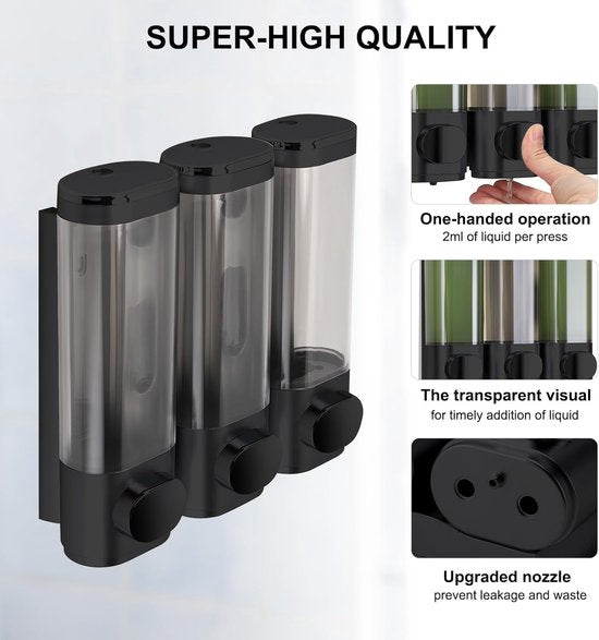 3 Wall-Mounted Soap Dispensers, No Drilling Required - Drip-Proof, Suitable for Gel, Shampoo, and Lotion - Black