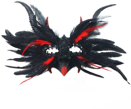 Mask - New for Halloween - Gothic Style - Mask with Decorative Feather Lace - Devil's Horn Mask - Role-playing Prop