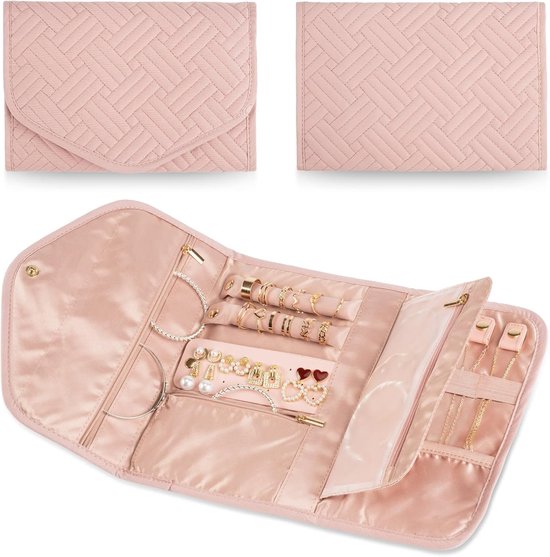 Storage Bag - Travel Jewelry Storage Bag - Tangle-Free - Foldable - Small Jewelry Roll - Luggage Accessory - For Necklaces, Earrings, Rings, Bracelets, Watches - Pink