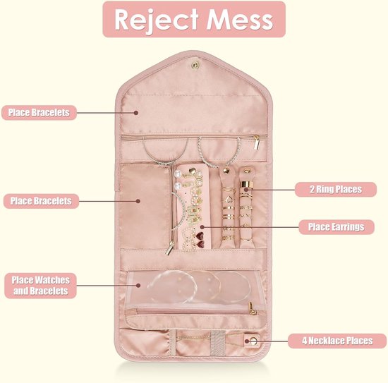 Storage Bag - Travel Jewelry Storage Bag - Tangle-Free - Foldable - Small Jewelry Roll - Luggage Accessory - For Necklaces, Earrings, Rings, Bracelets, Watches - Pink