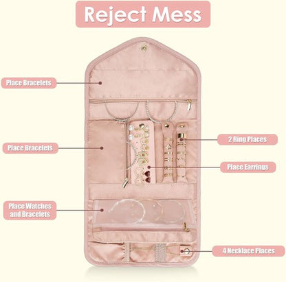 Storage Bag - Travel Jewelry Storage Bag - Tangle-Free - Foldable - Small Jewelry Roll - Luggage Accessory - For Necklaces, Earrings, Rings, Bracelets, Watches - Pink