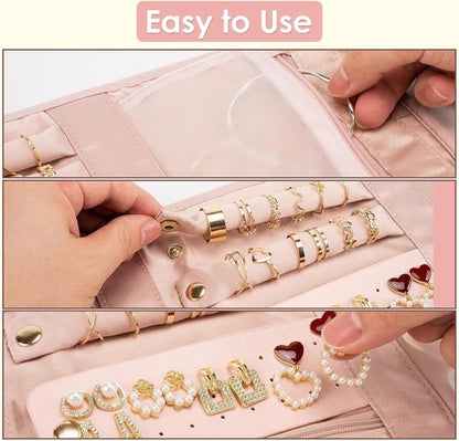 Storage Bag - Travel Jewelry Storage Bag - Tangle-Free - Foldable - Small Jewelry Roll - Luggage Accessory - For Necklaces, Earrings, Rings, Bracelets, Watches - Pink