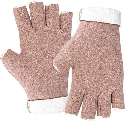 A pair of fingerless insulated gloves - One size fits all - Warm and protective - Cozy and comfortable - Winter outdoor wear - Suitable for eating, typing, writing and turning pages - Pink.