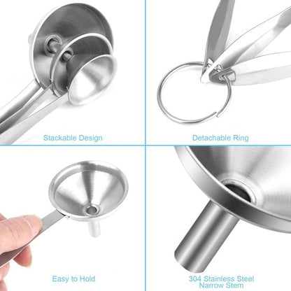 Stainless Steel Funnel Set - Set of 3 - Kitchen Funnels - Various Sizes - Funnels with Long Handles - With 2 Cleaning Brushes - Diameter: 7.5cm/5.5cm/4.5cm - Suitable for kitchen bottles, thermoses, small spice powders and k