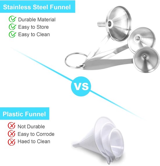 Stainless Steel Funnel Set - Set of 3 - Kitchen Funnels - Various Sizes - Funnels with Long Handles - With 2 Cleaning Brushes - Diameter: 7.5cm/5.5cm/4.5cm - Suitable for kitchen bottles, thermoses, small spice powders and k